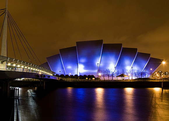 Clyde Auditorium in Glasgow Scotland at night